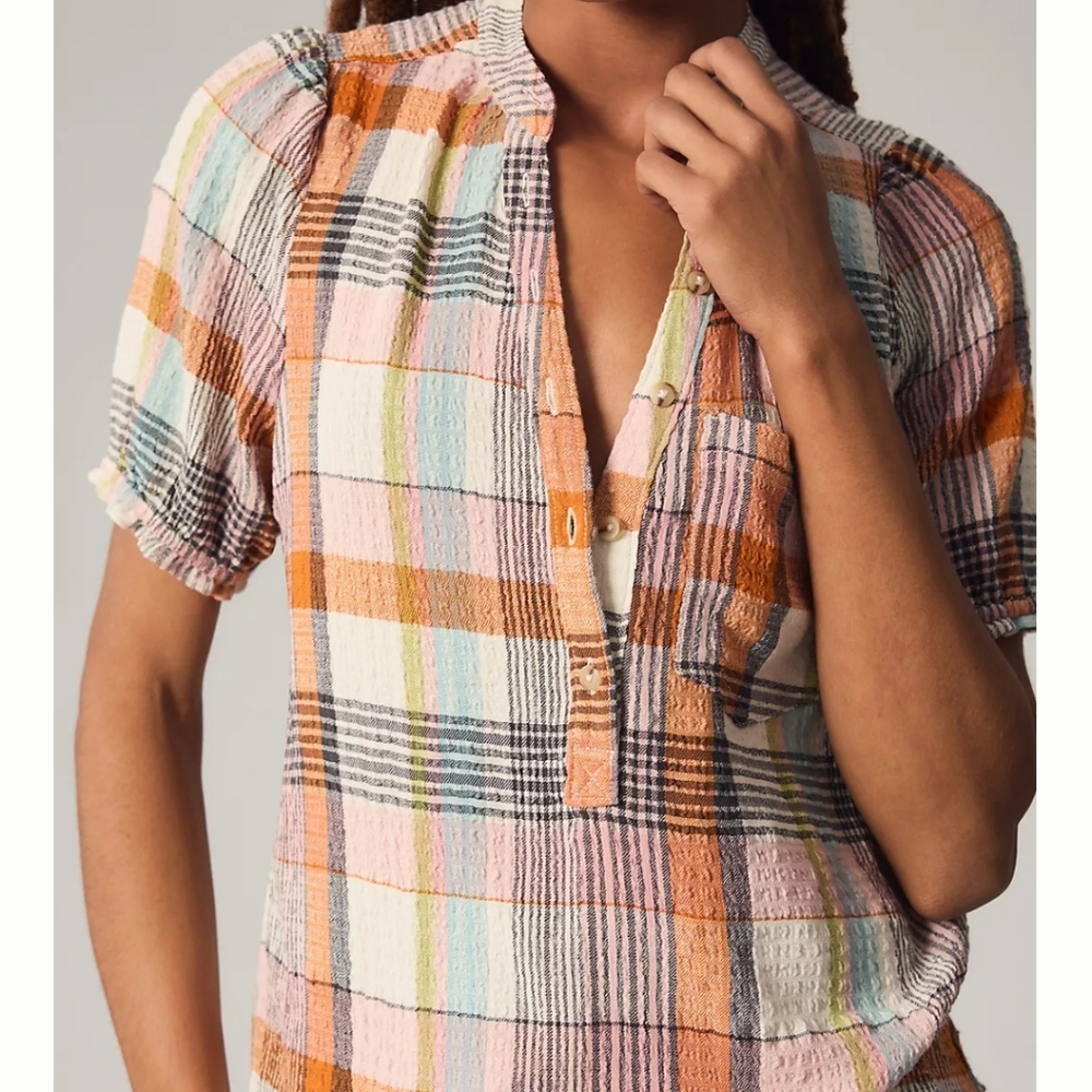 Anthro Aly Puff-Sleeve Blouse by Pilcro: Plaid Edition